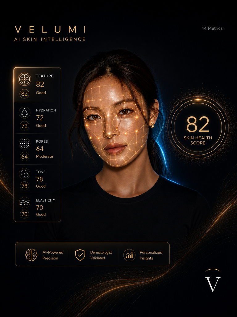 Step 3 — AI Skin Intelligence with 14 metrics and 82 Skin Health Score